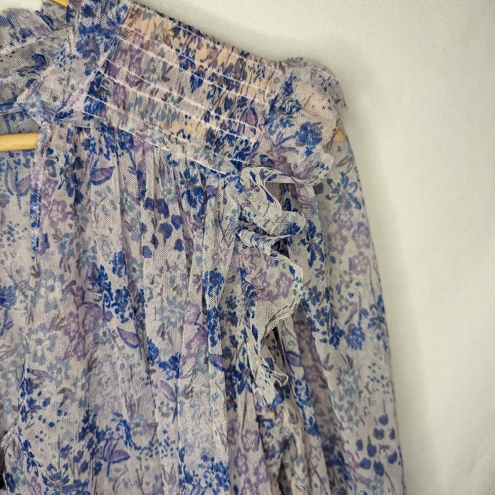 Free People Twyla Floral Lilac Long Sleeve Shirt Size Large Boho Cuffed Tie - Picture 10 of 12